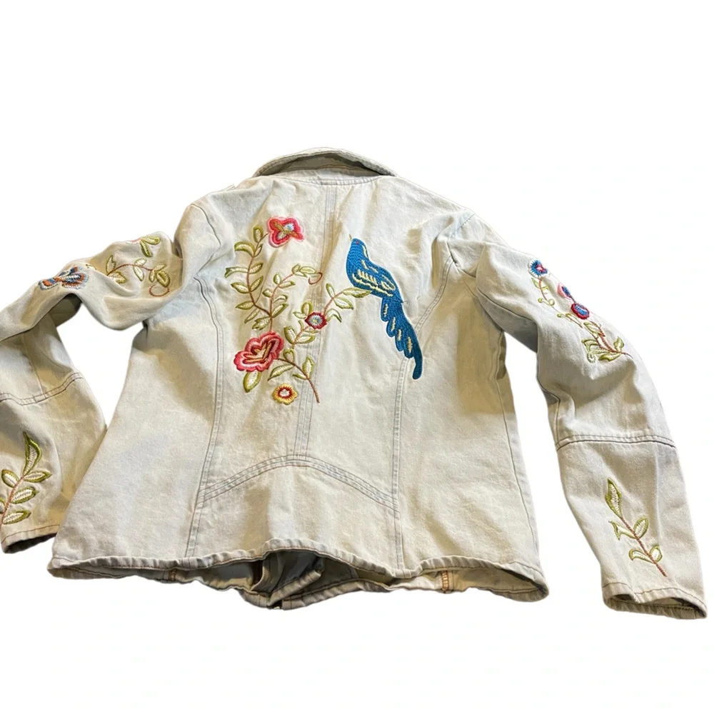 Vintage Candies Floral Embroidered Jean Jacket blue bird and flowers sz large - Picture 5 of 12